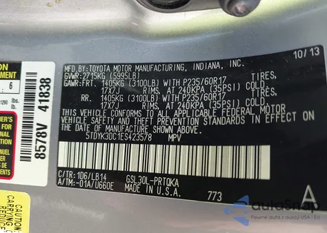 2014 Toyota Sienna Xle V6 8 Passenger from USA, damaged, VIN 5TDYK3DC1ES423578